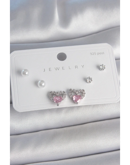 Pirinç Gümüş Renk Pembe Zirkon Taşlı Kalp Model İnci Detay 925 Ayar Gümüş Çivi Kadın Küpe Seti