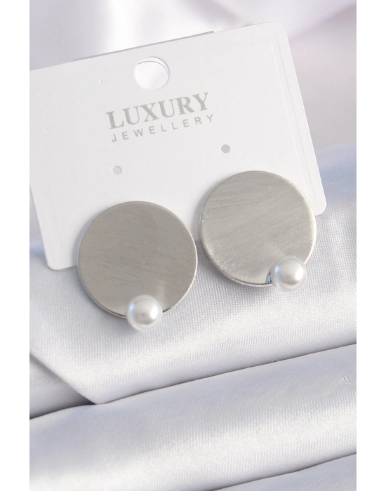 Pirinç Gümüş Renk Plaka Model İnci Detay Kadın Küpe