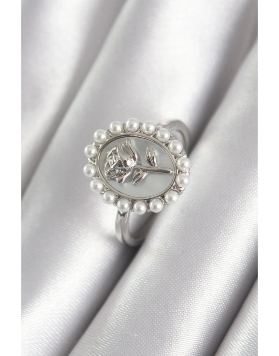 Pirinç Gümüş Renk Portre Gül Model İnci Detay Kadın Yüzük