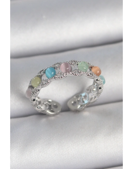 Pirinç Gümüş Renk Renkli Mineli Ayarlanabilir Kadın Yüzük