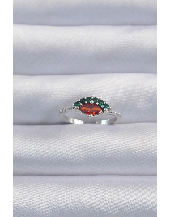 Pirinç Gümüş Renk Renkli Zirkon Taşlı Ayarlanabilir Karpuz Model Yüzük