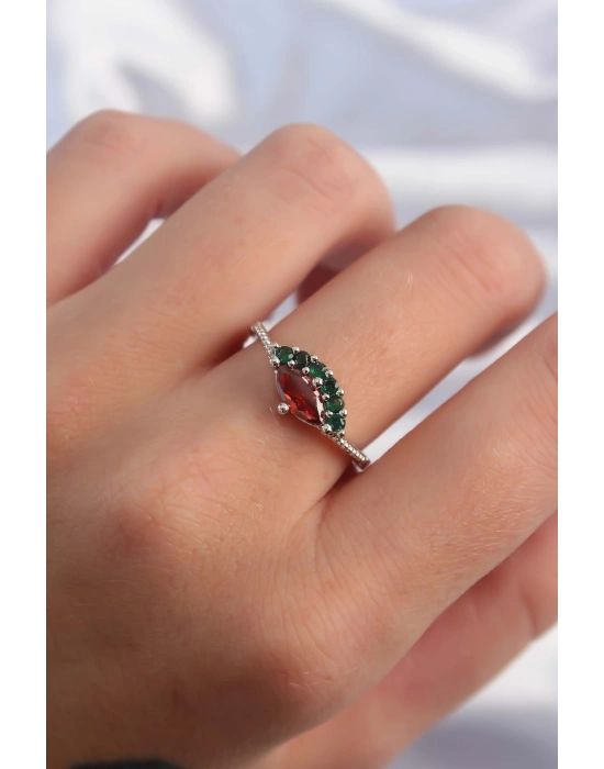 Pirinç Gümüş Renk Renkli Zirkon Taşlı Ayarlanabilir Karpuz Model Yüzük