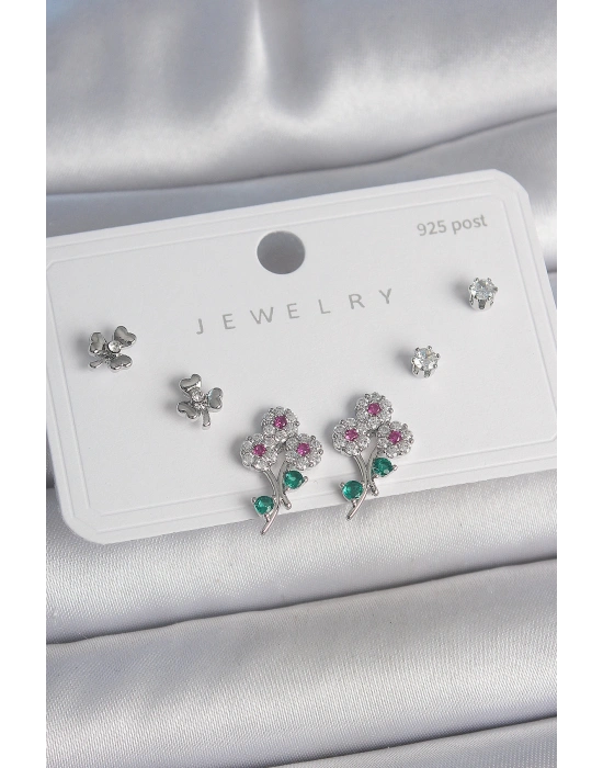 Pirinç Gümüş Renk Renkli Zirkon Taşlı Çiçek Model Yaprak Detay 925 Ayar Gümüş Çivi Kadın Küpe Seti