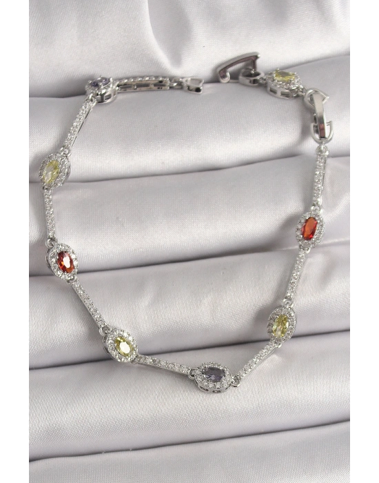 Pirinç Gümüş Renk Renkli Zirkon Taşlı Damla Taş Model Kadın Bileklik