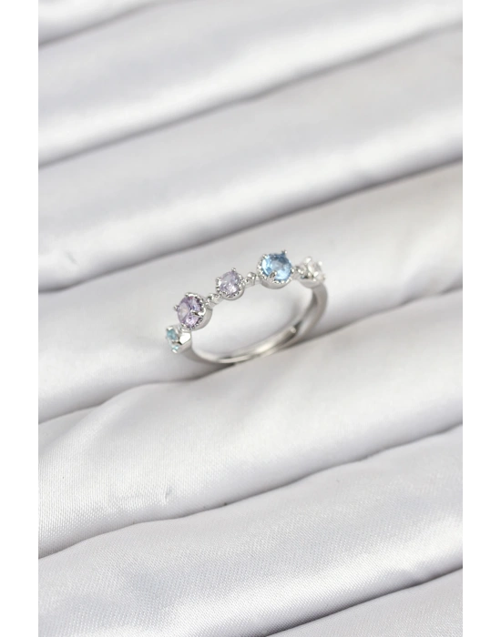 Pirinç Gümüş Renk Renkli Zirkon Taşlı Kadın Yüzük