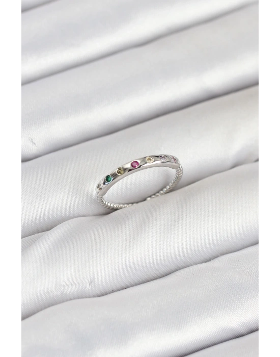 Pirinç Gümüş Renk Renkli Zirkon Taşlı Kadın Yüzük