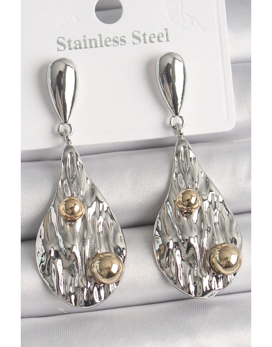 Pirinç Gümüş Renk Sallantı Damla Model Gold Topçuk Detay Kadın Küpe