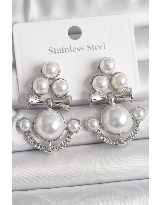 Pirinç Gümüş Renk Sallantı İncili Çapa Model Kadın Küpe