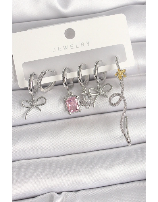 Pirinç Gümüş Renk Sallantı Kurdele Kuyruklu Yıldız Figür Pembe Kare Zirkon Taş Detay Kadın Küpe Seti