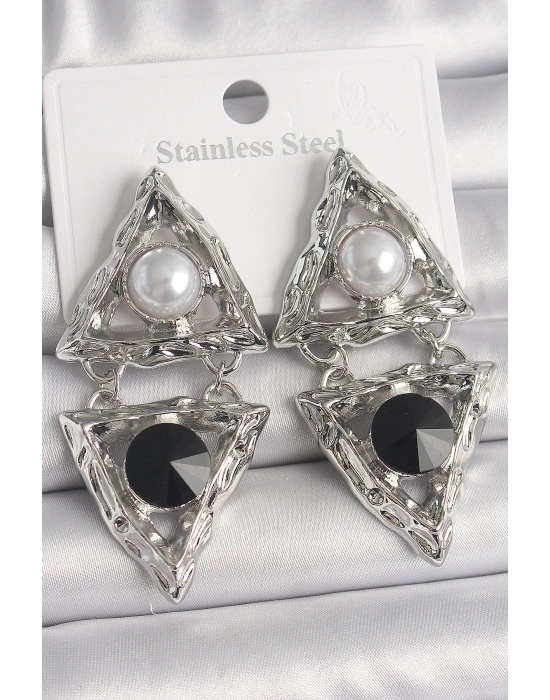 Pirinç Gümüş Renk Sallantı Üçgen Model İnci Detay Kadın Küpe