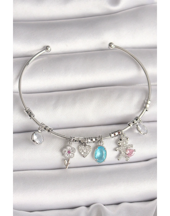 Pirinç Gümüş Renk Sallantı Zirkon Taşlı Ayıcık Figür Çiçek Detay Charm Kadın Bileklik