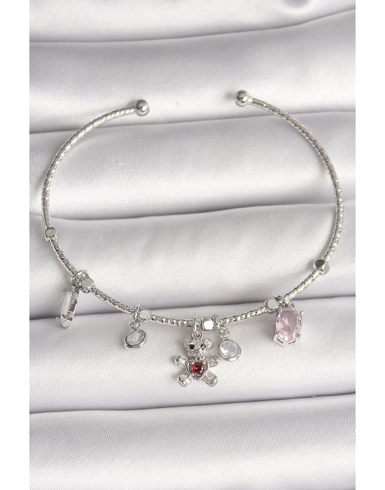 Pirinç Gümüş Renk Sallantı Zirkon Taşlı Ayıcık Figür Kırmızı Taş Detay Charm Kadın Bileklik