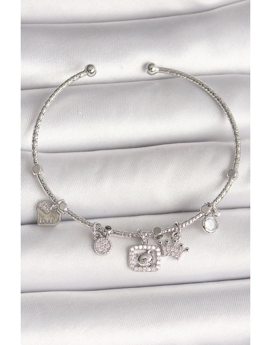 Pirinç Gümüş Renk Sallantı Zirkon Taşlı Ayıcık Figür Taç Detay Charm Kadın Bileklik