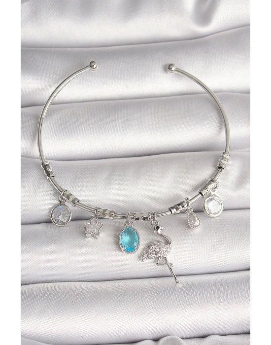 Pirinç Gümüş Renk Sallantı Zirkon Taşlı Filaminga Figür Charm Kadın Bileklik