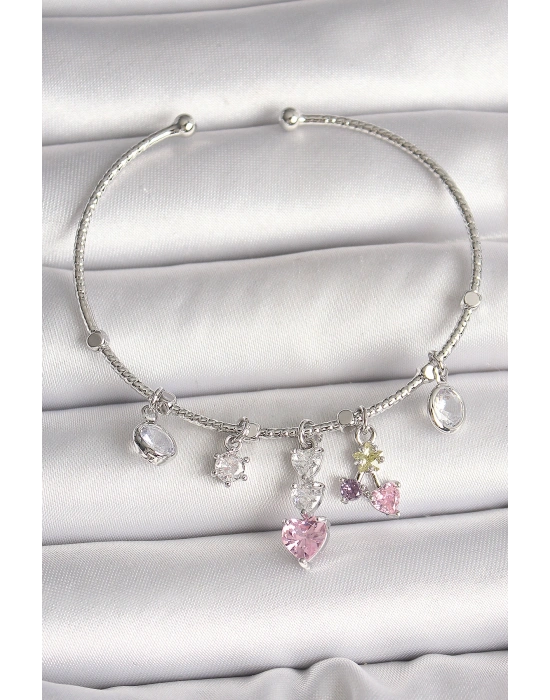 Pirinç Gümüş Renk Sallantı Zirkon Taşlı Kalp Figür Charm Kadın Bileklik