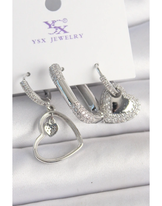 Pirinç Gümüş Renk Sallantı Zirkon Taşlı Kalp Model 3Lü Kadın Kombin Küpe