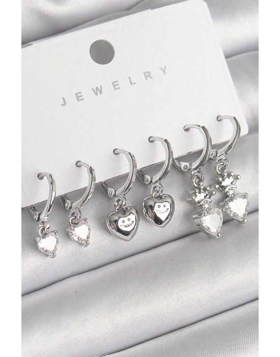 Pirinç Gümüş Renk Sallantı Zirkon Taşlı Kalp Model Taç Detay Kadın Küpe Seti