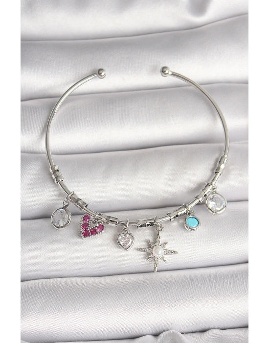 Pirinç Gümüş Renk Sallantı Zirkon Taşlı Kutup Yıldız Figür Kalp Detay Charm Kadın Bileklik