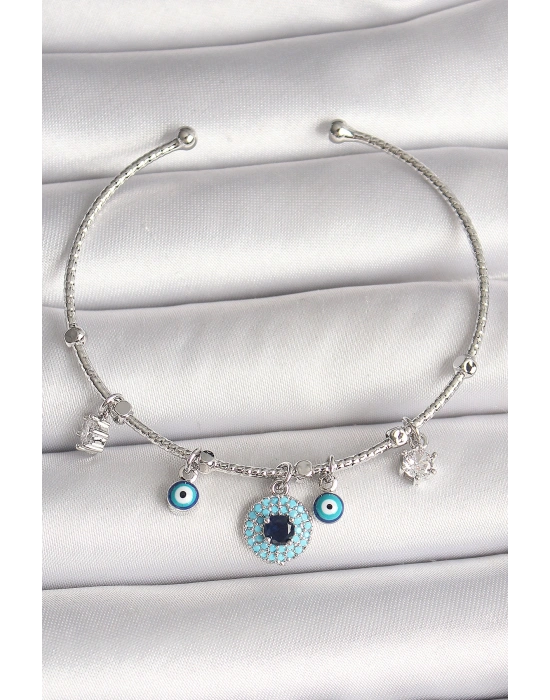Pirinç Gümüş Renk Sallantı Zirkon Taşlı Nazar Boncuk Figür Charm Kadın Bileklik