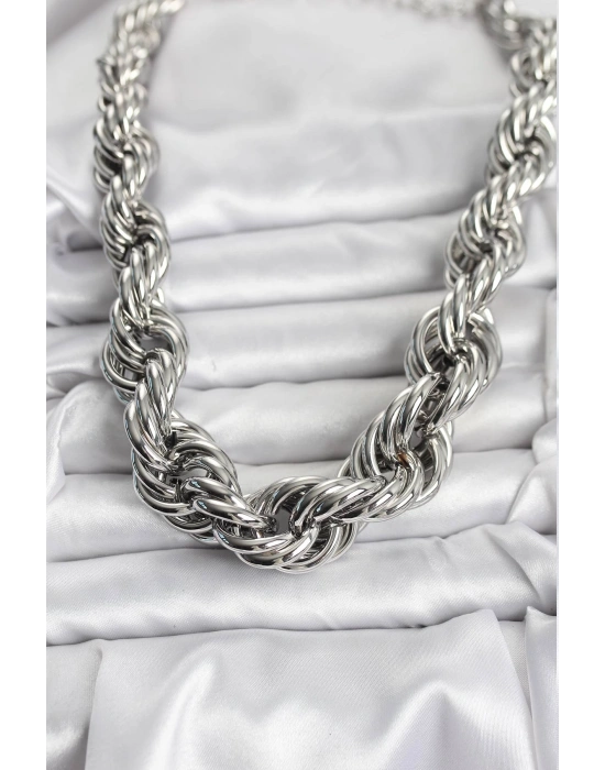 Pirinç Gümüş Renk Sarmal Halat Model Kadın Kolye