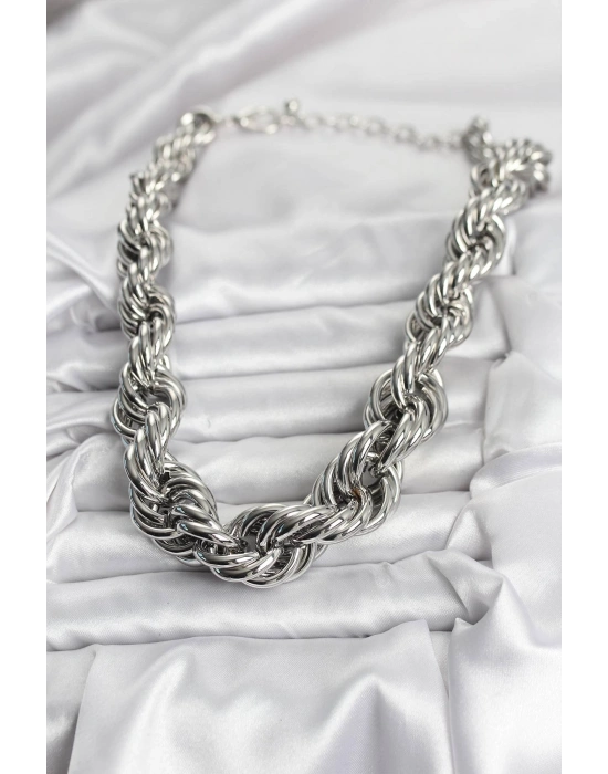 Pirinç Gümüş Renk Sarmal Halat Model Kadın Kolye