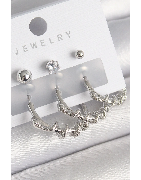 Pirinç Gümüş Renk Sarmal Yılan Halka Model Zirkon Taşlı Topçuk Detay Kadın Küpe Seti