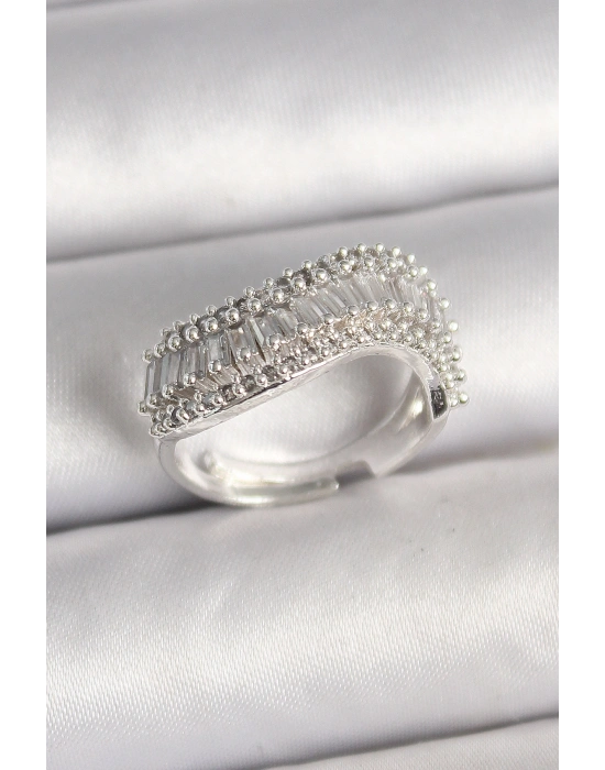 Pirinç Gümüş Renk Su Yolu Zirkon Dalga Model Ayarlanabilir Kadın Yüzük