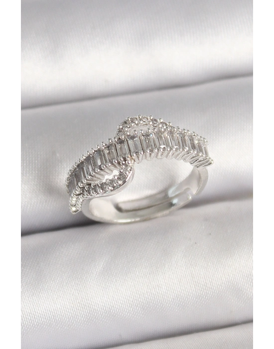 Pirinç Gümüş Renk Su Yolu Zirkon Taşlı Ayarlanabilir Model Kadın Yüzük