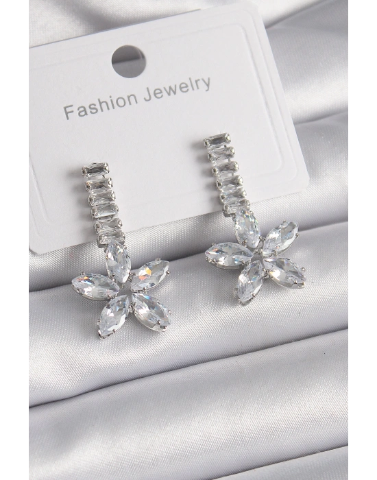 Pirinç Gümüş Renk Su Yolu Zirkon Taşlı Çiçek Model Kadın Küpe