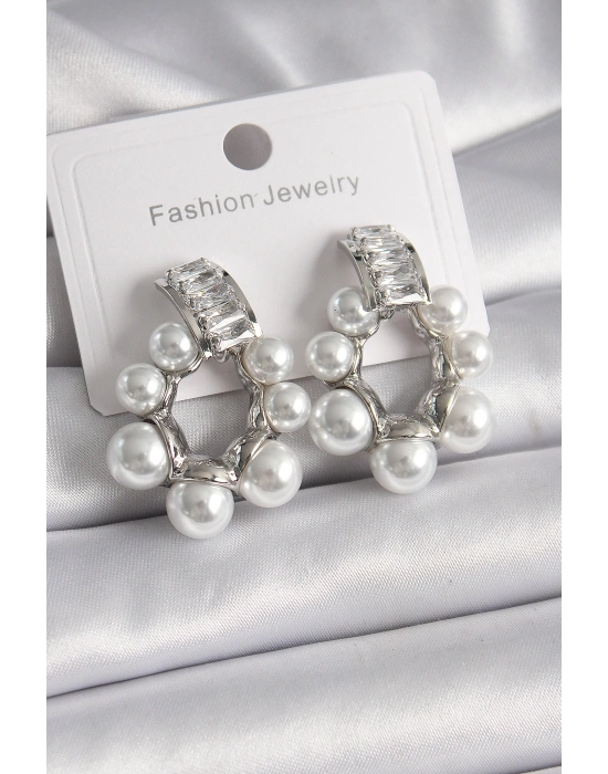 Pirinç Gümüş Renk Su Yolu Zirkon Taşlı İncili Halka Model Kadın Küpe