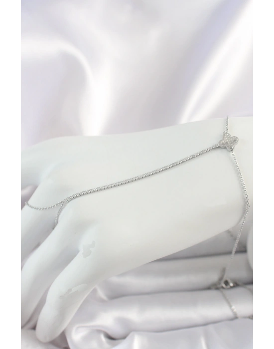 Pirinç Gümüş Renk Su Yolu Zirkon Taşlı İşlemeli Yonca Model Kadın Şahmeran