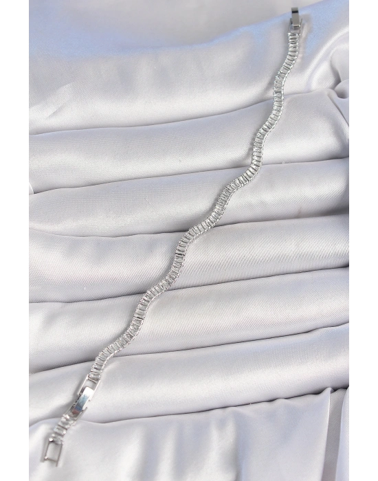 Pirinç Gümüş Renk Su Yolu Zirkon Taşlı Model Kadın Bileklik