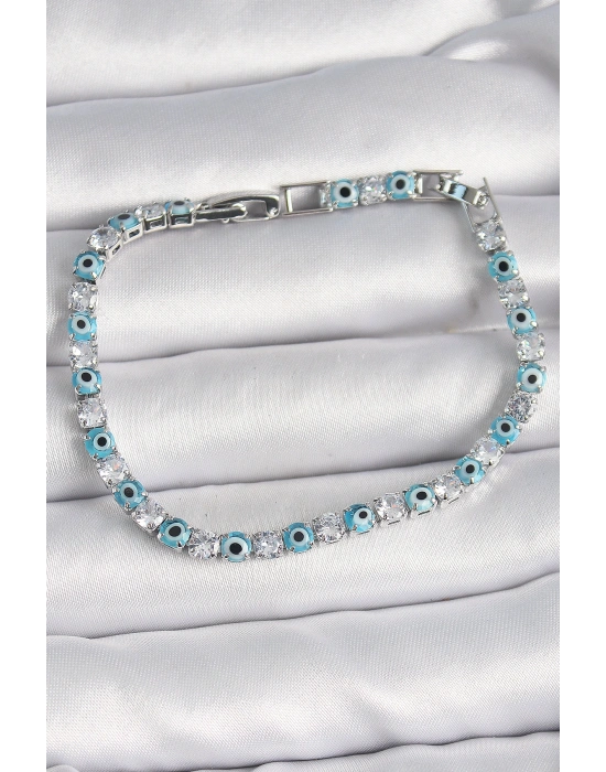 Pirinç Gümüş Renk Su Yolu Zirkon Taşlı Nazar Boncuklu Kadın Bileklik