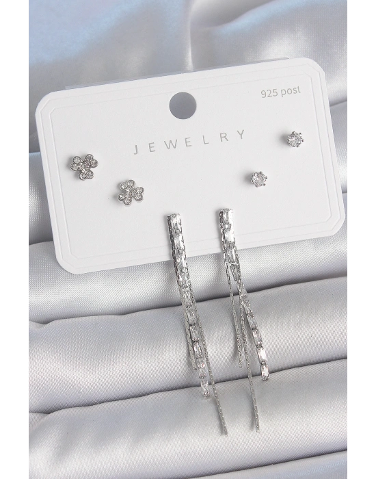 Pirinç Gümüş Renk Su Yolu Zirkon Taşlı Sallantı Model Çiçek Detay 925 Ayar Gümüş Çivi Kadın Küpe Seti