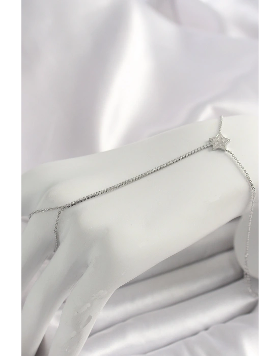 Pirinç Gümüş Renk Su Yolu Zirkon Taşlı Yıldız Model Kadın Şahmeran