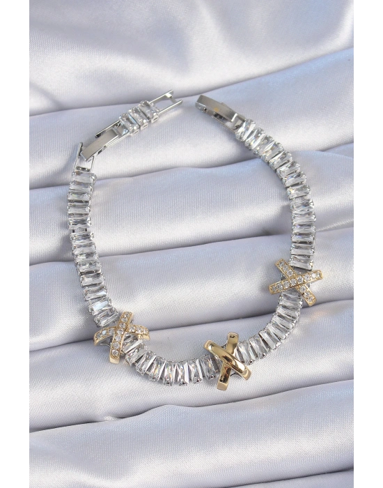 Pirinç Gümüş Renk Taşlı Su Yolu Model VİP Seri Kadın Bileklik