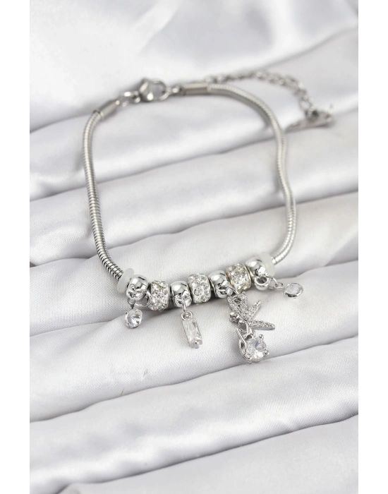 Pirinç Gümüş Renk Tinkerbell Charmlı Kadın Bileklik