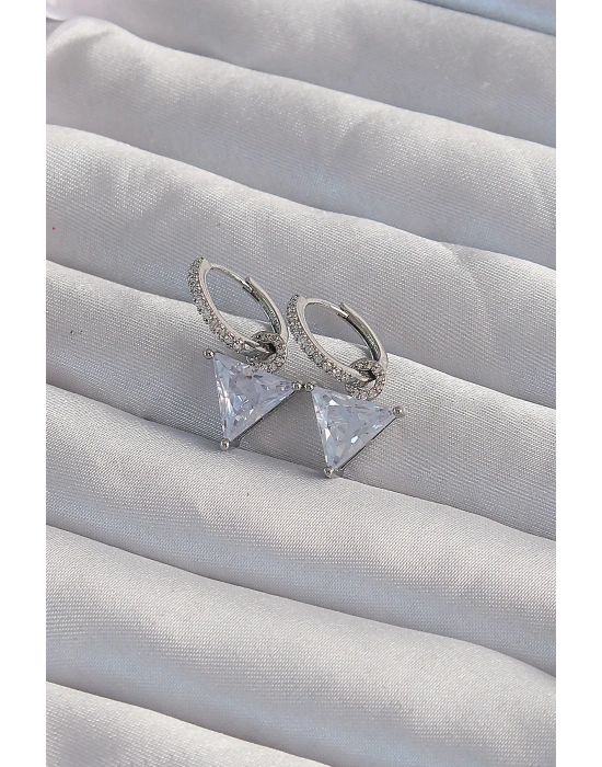 Pirinç Gümüş Renk Üçgen Zirkon Taşlı Sallantılı Halka Küpe