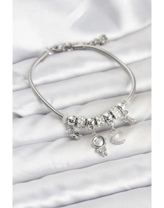 Pirinç Gümüş Renk Uzay Tema Charmlı Kadın Bileklik