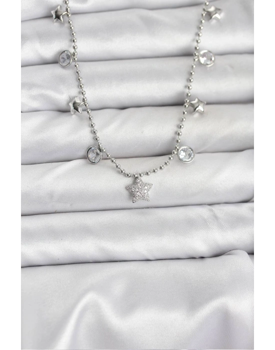 Pirinç Gümüş Renk Yıldız Model Kadın Kolye