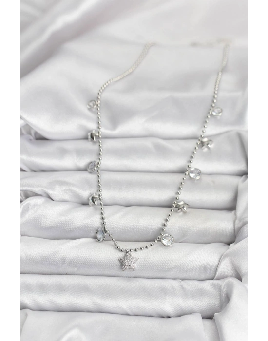 Pirinç Gümüş Renk Yıldız Model Kadın Kolye