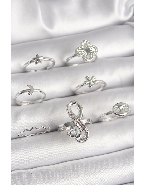 Pirinç Gümüş Renk Yonca Figür Sonsuzluk Zirkon Taşlı Kalp Detay Kadın Yüzük Kombini