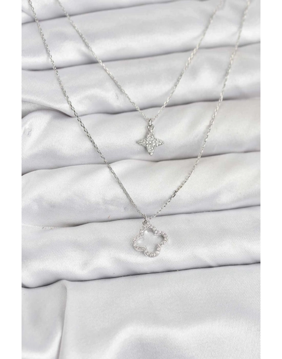 Pirinç Gümüş Renk Yonca Model 2li Kadın Kolye