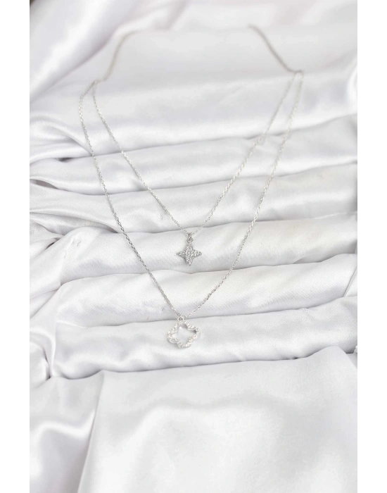 Pirinç Gümüş Renk Yonca Model 2li Kadın Kolye