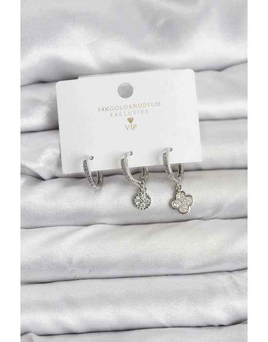 Pirinç Gümüş Renk Yonca Model 3lü Kadın Küpe Seti