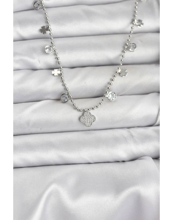 Pirinç Gümüş Renk Yonca Model Kadın Kolye