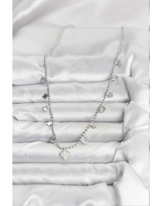 Pirinç Gümüş Renk Yonca Model Kadın Kolye