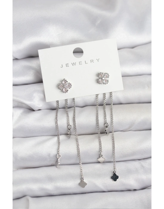 Pirinç Gümüş Renk Yonca Model Sallantılı Kadın Küpe