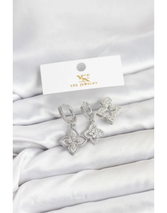 Pirinç Gümüş Renk Yonca Model YSX Trio Küpe Seti