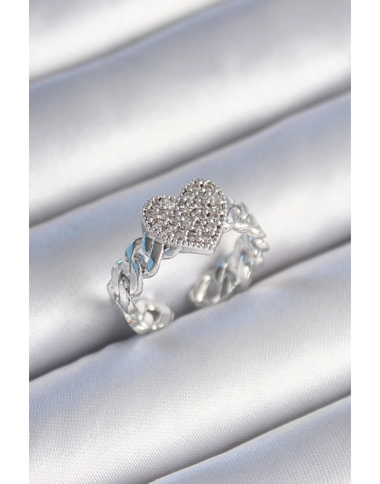 Pirinç Gümüş Renk Zincir Kordon Zirkon Taşlı Kalp Model Kadın Yüzük